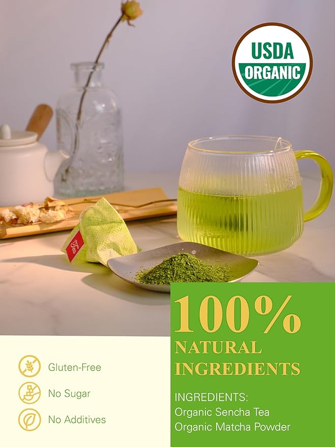 GLDNT Organic Matcha Green Tea Bags, Premium Organic Japanese Matcha + Sencha Green Tea, Rich in Antioxidants, Caffeinated, 100 Count