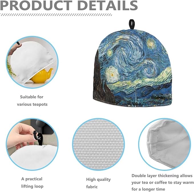 Starry Night Oil Painting Tea Cozy for Teapot Cover with Handle Tea Kettle Dust Cover Warmer Cover Teapot Cozy Room Decor Van Gogh Teapot Cover Dome Shaped for Keeping Warm (Blue)