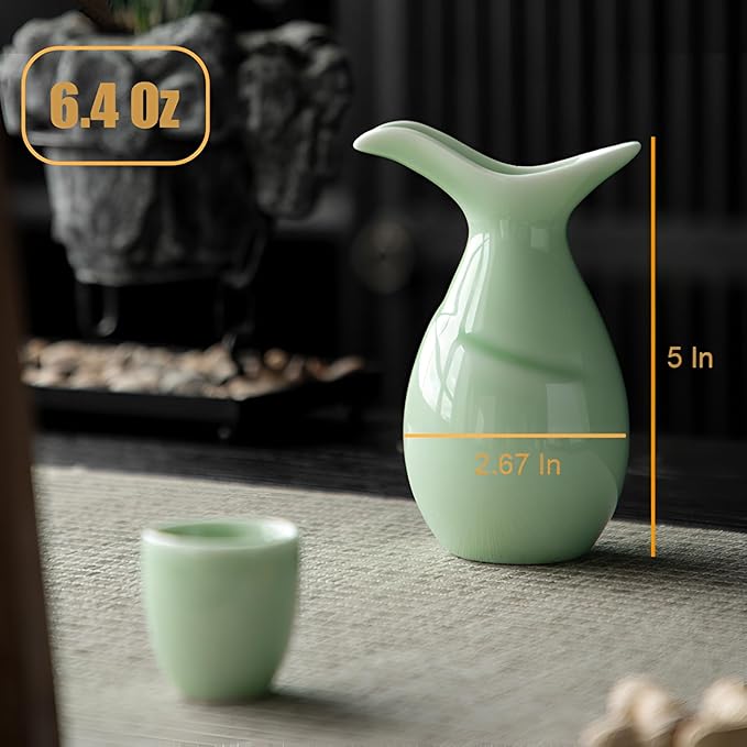 Ceramic Sake Set, Japanese Sake Set Traditional, Sake Set of 7, 1 Tokkuri Bottle (6.4 oz) and 6 Ochoko Cups (0.7 oz), Retro style, Solid Color Glazed Surface, for Hot or Cold Sake