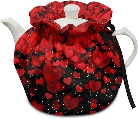 Red Glitter Love Heart Print Tea Pot Cozies Double-Sided Valentine Drawstring Teapot Dust Cover Insulation Warmth Breakfast Pot Holder Washable Reusable Table Decoration