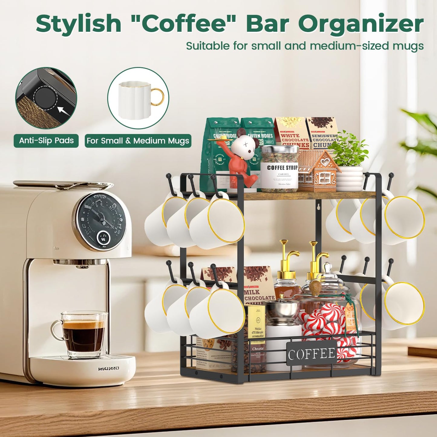 EsLuker.ly Coffee Mug Cup Holder Tree Bar Station Organizer, 2 Tier Mug Stand Rack for Countertop