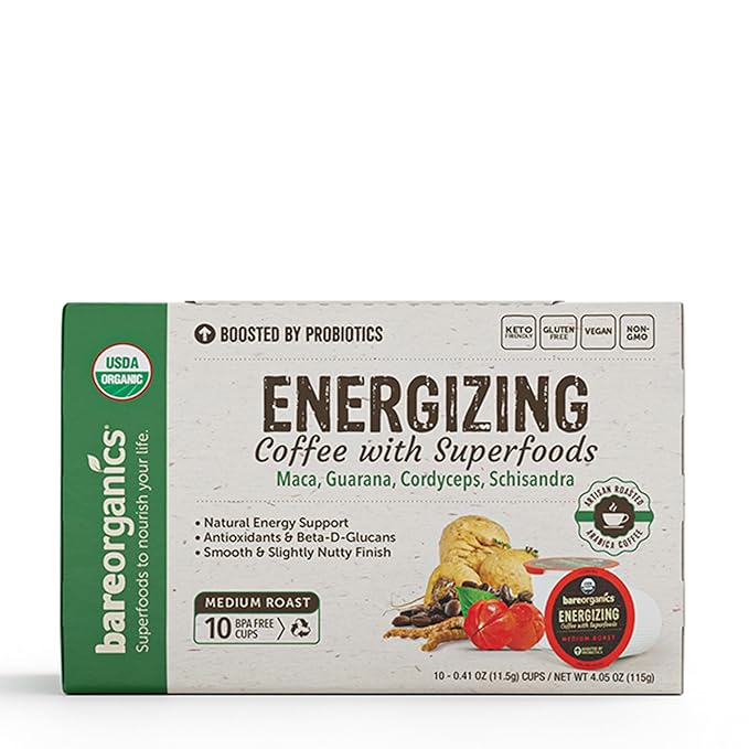 BareOrganics Energy Medium Roast Coffee, Organic, 10 K-Cup Pods, Superfoods & Probiotics Infused, Vegan, Gluten Free, 10 Single Serve Cups
