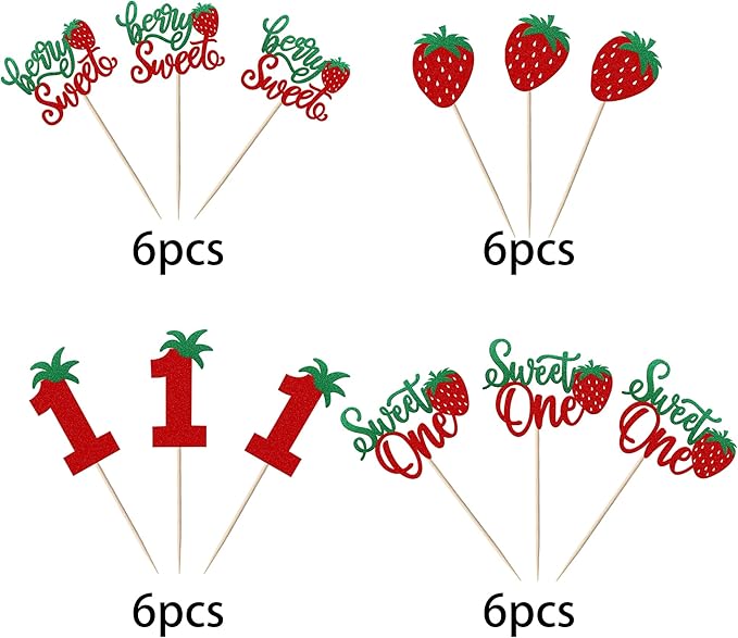 24 Pack Sweet One Cupcake Toppers Glitter First Birthday Strawberry Cupcake Picks for Fruit Baby Shower 1st Birthday Berry Sweet Cupcake Decorations Party Supplies Green