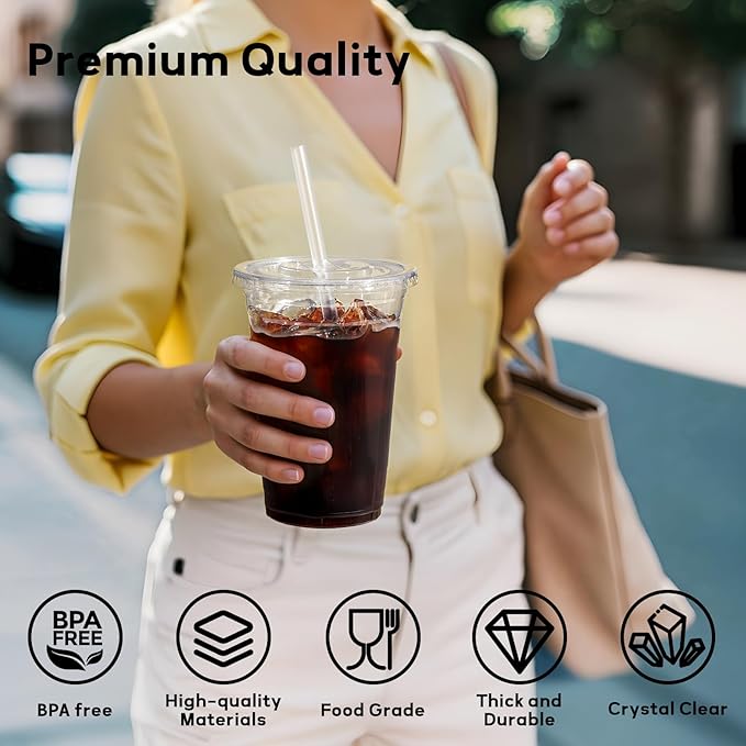 AOZITA 100 Pack 24 oz Disposable Plastic Cups with Lids and Straws, Clear Iced Coffee Cups for Cold Beverages, Smoothies, Iced Coffee, Leak-Proof, BPA-Free
