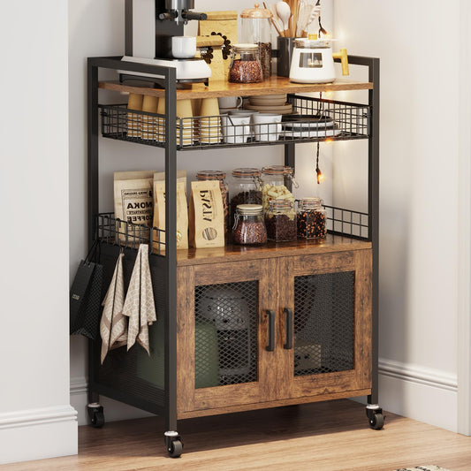 Hencawima Coffee Bar Cabinet, 3 Tier Coffee Station Table on Wheels, 35.9" H Bar Cart with Wire