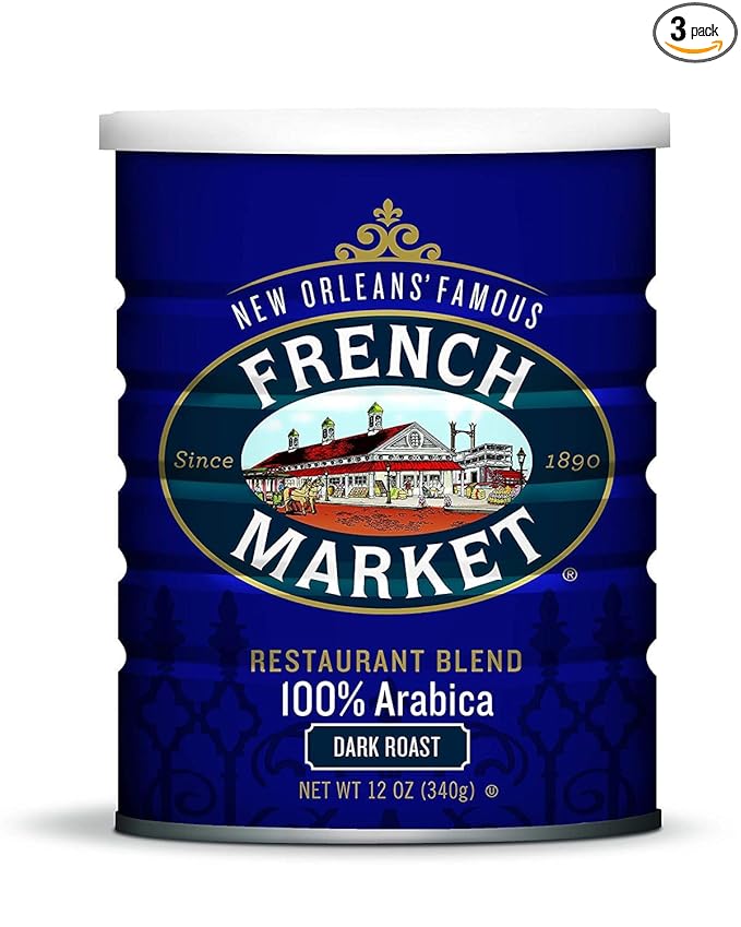 French Market Coffee & Chicory Restaurant Blend Dark Roast Ground Coffee, 12oz Can (Pack of 3)