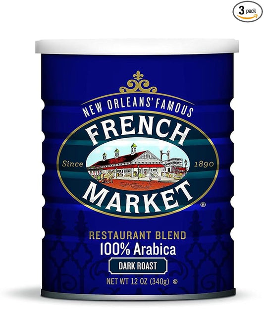 French Market Coffee & Chicory Restaurant Blend Dark Roast Ground Coffee, 12oz Can (Pack of 3)