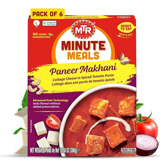 MTR - Minute Meals: Paneer Makhani - Cottage Cheese in Spiced Tomato Puree - Tasty Indian Meal with No Added Preservatives - A Quick Meal Suitable for Vegetarians, Ready in Minutes! (Pack of 6)