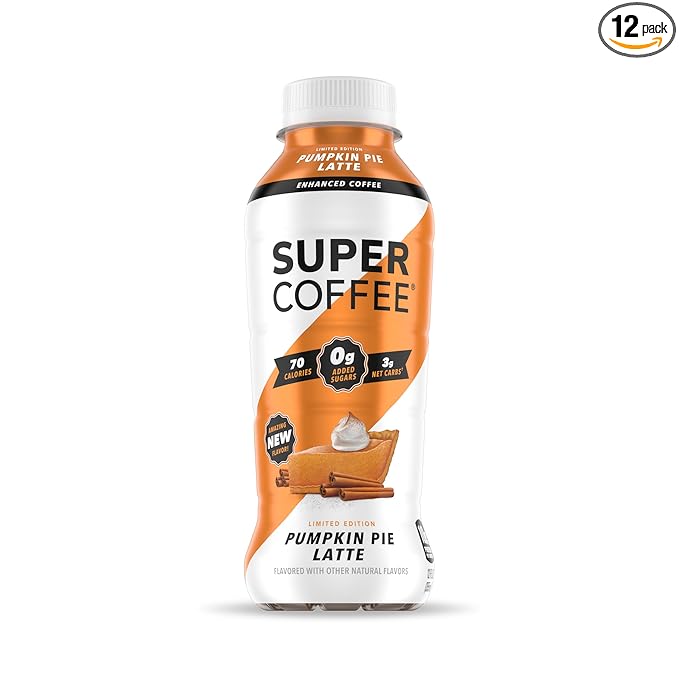Super Coffee, Keto Protein Coffee, Pumpkin Pie Latte (12 Ounce Bottles, Pack of 12) - Low Net Carbs, No Added Sugar, Keto Friendly, 10g of Protein, Low Calorie, Iced Smart Coffee Drinks