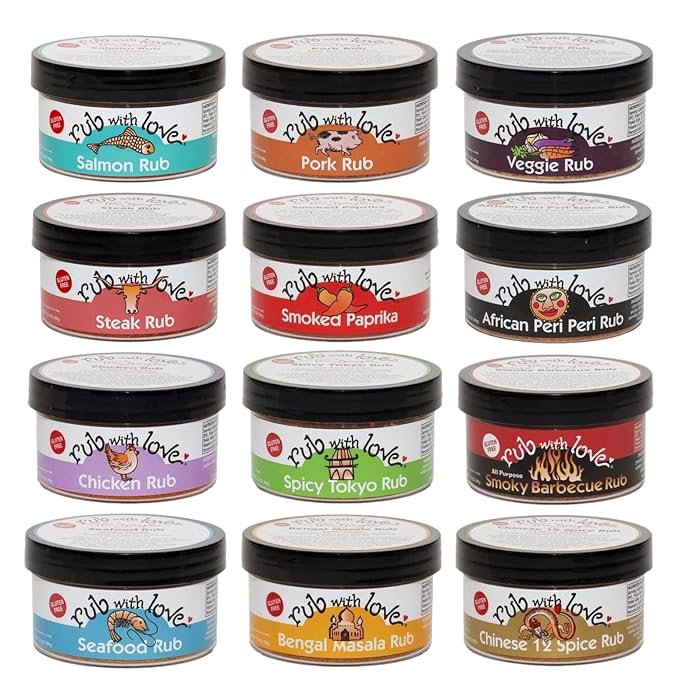 Rub with Love, Ultimate Meat Rubs and Seasonings Gift Set (12 Jars) Grilling and BBQ Spices for Fish, Chicken, Pork, or Steak