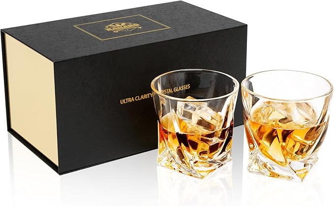 KANARS Old Fashioned Whiskey Glasses with Luxury Box - 10 Oz Twisted Liquor Tumblers for Scotch, Bourbon, and Cocktail Drinks - Set of 2 - Men Gift for Housewarming Birthday Anniversary