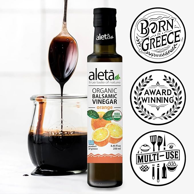 Aleta Farms Balsamic Vinegar, Greek Organic Orange Infused Aged Balsamic Vinegar, USDA Organic, Perfect for Salad Dressings, Pasta, Desserts & Cocktails, Glass Bottle, 8.45 fl oz (Orange)