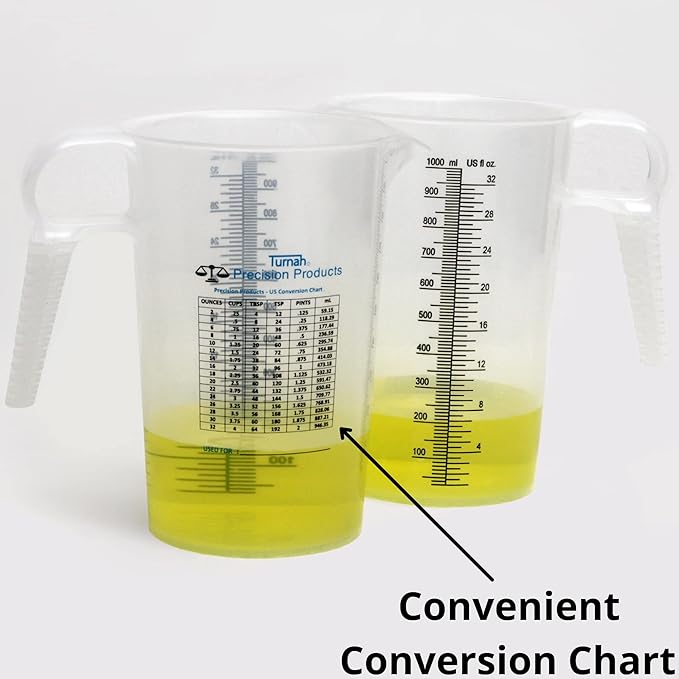32oz (1 Quart) Measure Pitcher with Convenient Conversion Chart ??Extra Strong Food Grade ??Great for Cooking, Home Hobbies, Shop Oil and Fluids, Spa Chemicals with High Chemical Resistance by Turnah