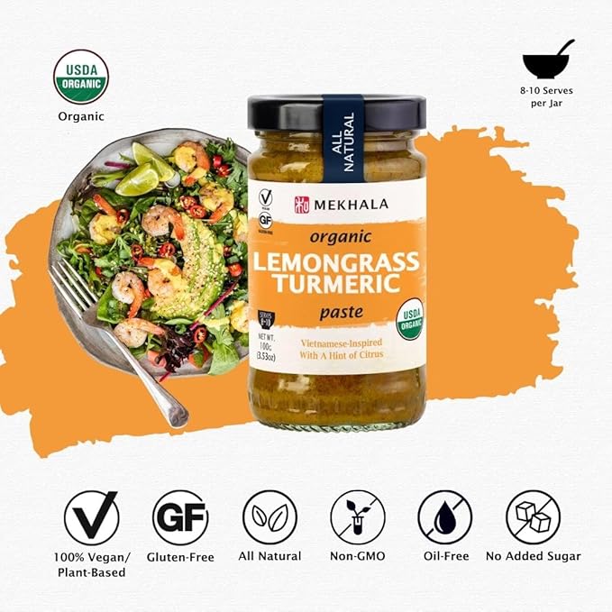 Mekhala Organic Lemongrass Turmeric Asian Cooking Paste. VEGAN. GLUTEN-FREE. NO ADDED SUGAR. Versatile. No Heat (6x3.53oz)