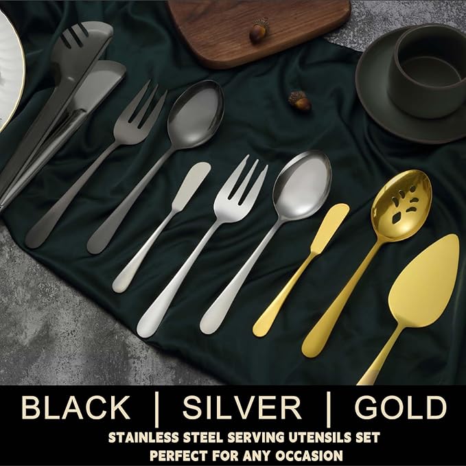 BEWOS Black 20-Piece Serving Set, Black Slotted Spoons & Tongs, Forks, Cake Server & Butter Knife, Stainless Steel, Dishwasher Safe