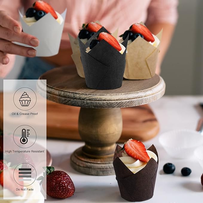 Ruisita 200 Pieces Mini Tulip Cupcake Liners, Tulip Baking Cups, Greaseproof Cupcake Muffin Liners, Muffin Cases Wrappers for Wedding Birthday Party Baby Shower, Brown, White, Natural, Black