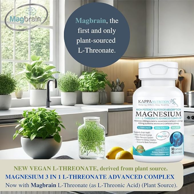 Kappa Nutrition Magbrain??Magnesium L-Threonate Plant-Based, 420mg Elemental Magnesium (3 Capsules) from 2,253mg, 90 Vegan Capsules, Brain, Sleep & Muscle Support.