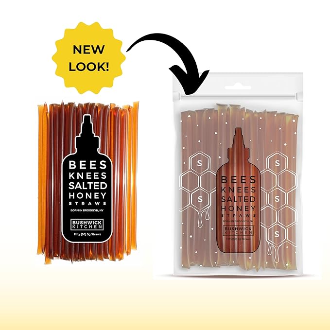 Bees Knees Salted Honey Sticks, 50 Sticks, 1 tsp Each, Wildflower Honey Straws Blended with Sea Salt, Foodie Gifts, Unique Gift Ideas