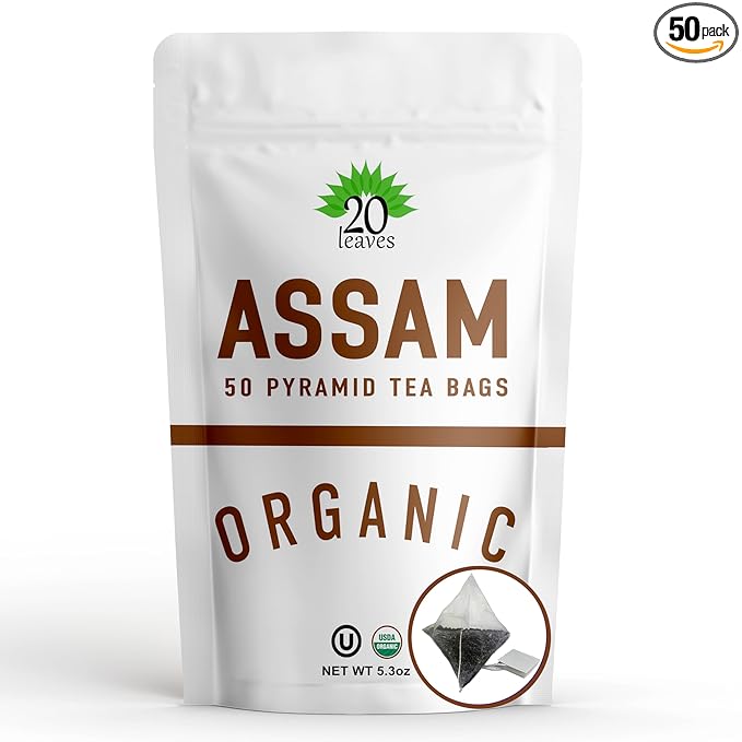 Assam Black Tea - 100% Certified Organic - 50 Pyramid Tea Bags Sachets in Resealable Bag