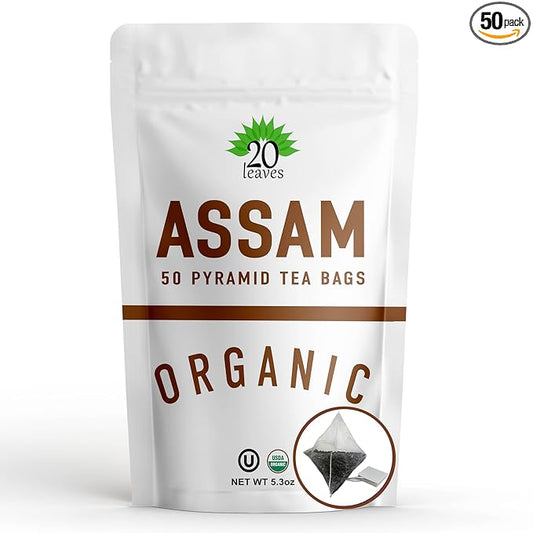 Assam Black Tea - 100% Certified Organic - 50 Pyramid Tea Bags Sachets in Resealable Bag