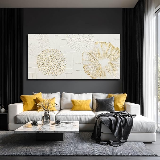 VAYIMDH White and Gold Wall Decorations Flower Wall Paintings Neutral Wall Art 29"x58" Over The Bed Wall Decor for Bedroom Kitchen Pictures