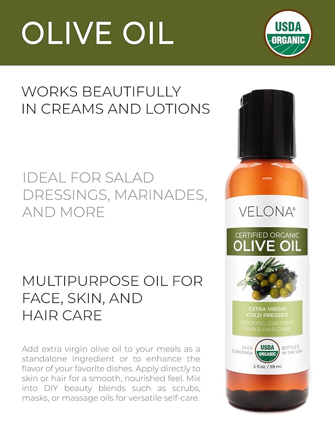 velona USDA Certified Organic Olive Oil - 2 Fl Oz | 100% Pure and Natural Carrier Oil | Extra Virgin, Unrefined, Cold Pressed | Cooking, Dressing, Face, Hair, Body & Skin Care | Use Today - Enjoy Results