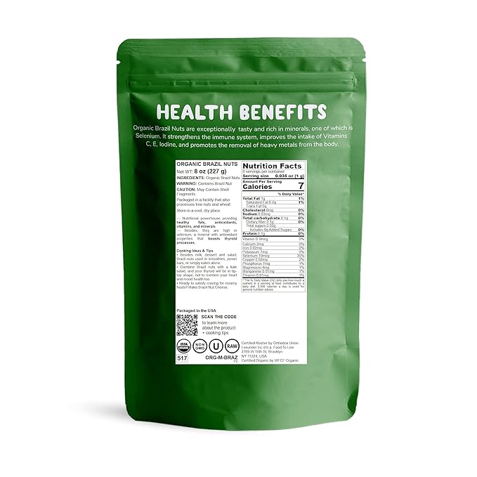 Food to Live - Organic Brazil Nuts, 8 Ounces Non-GMO, Raw, Whole, No Shell, Unsalted, Kosher, Vegan, Keto, Paleo Friendly, Bulk, Trail Mix Snack, Good Source of Selenium
