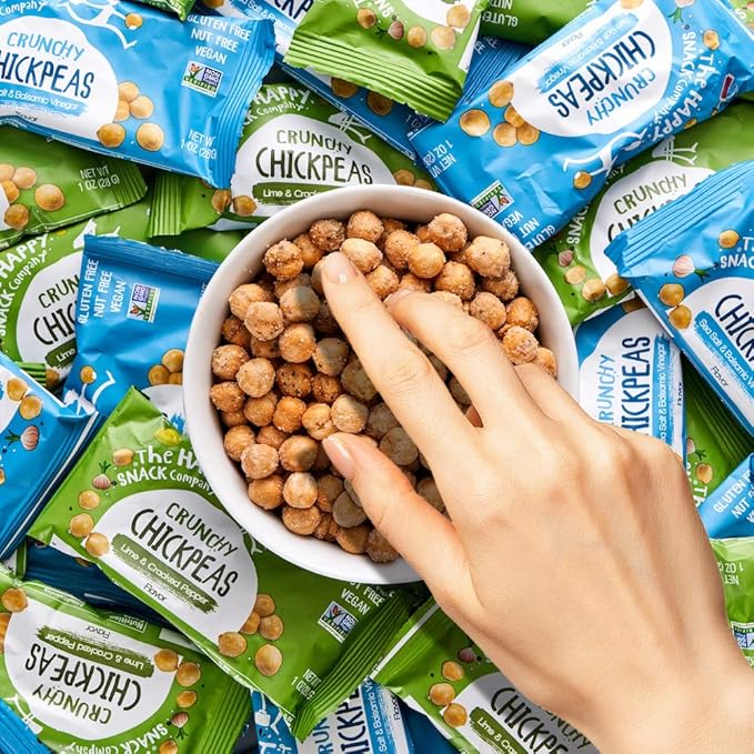 The Happy Snack Company Crunchy Chickpeas Variety Pack 24 x 1 oz ( Sea Salt & Balsamic Vinegar Flavor and Lime & Cracked Pepper Flavor). 5g Plant Based Protein & 120 Cals. Gluten, Nut & Dairy Free, Non-GMO and Vegan.