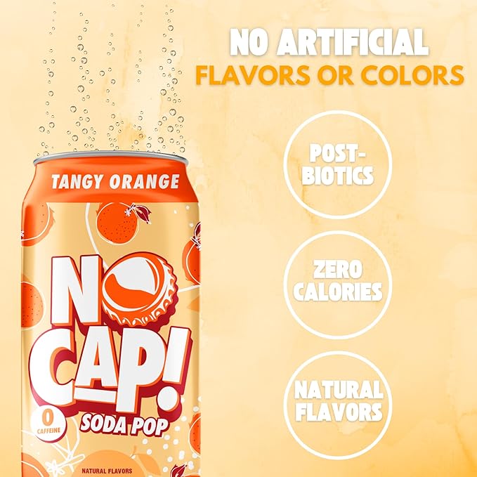 No Cap! Healthy Soda, Zero Sugar Soda Pop Drink, Zero Calories | Caffeine Free, Vegan, Gluten Free, For Kids & Adults 12 Oz, 12 Pack (Tangy Orange)