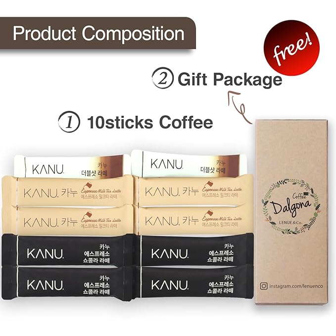 KANU Latte - Korean Maxim 3 in 1 Instant Coffee Variety Sample Packets with Gift Box Set, Camping Essentials, KANU Latte 3 Mix Combination 10 Sticks