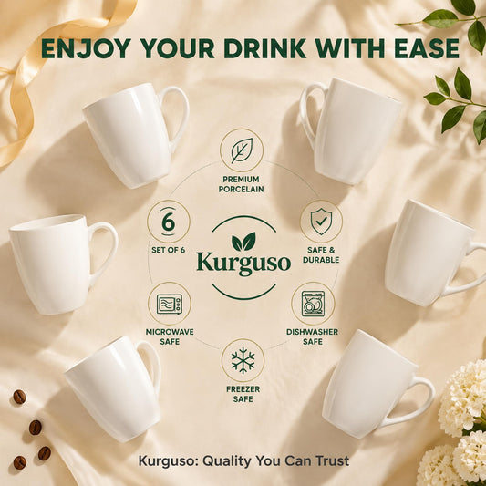 Kurguso White Porcelain Coffee Mugs Set of 6, 13 Ounce Coffee Cups with Handle, Ceramic Tea Mugs