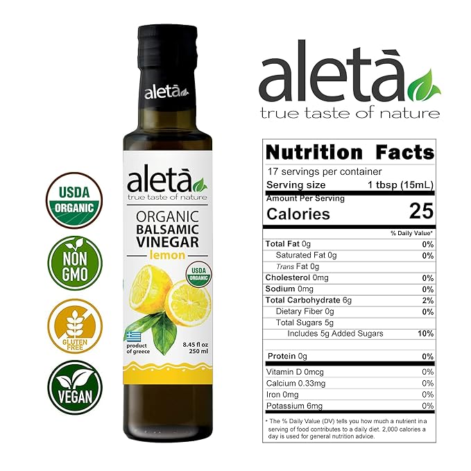 Aleta Farms Balsamic Vinegar, Premium Quality Lemon Infused Balsamic Glaze, USDA Organic, Perfect for Salad Dressings, Pasta, Desserts & Finishing Touches, Made in Greece, 8.45 fl oz (Lemon)
