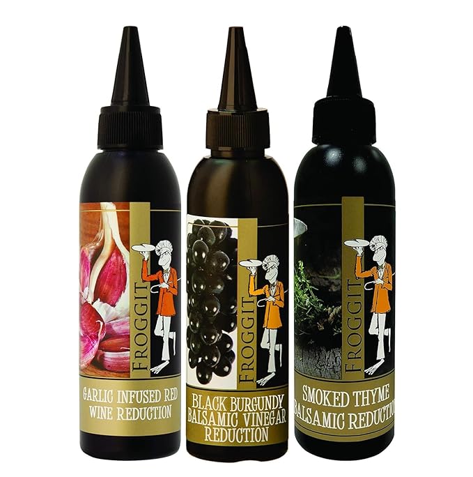 Froggit 3-Piece Garlic Infused Red Wine Vinegar, Burgundy Bliss Balsamic Reduction, Smoked Thyme Balsamic Vinegar Reduction, 150ml Non GMO