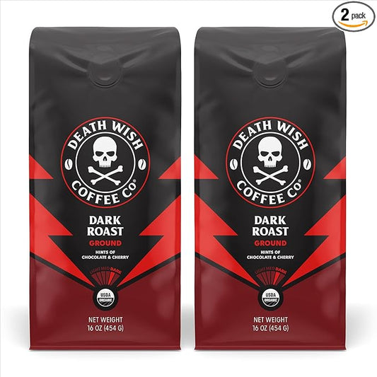 Death Wish Coffee Dark Roast Grounds -16 Oz, 2 Packs of Bold & Intense Blend of Arabica & Robusta Beans - USDA Organic Ground Coffee - Pack of 2