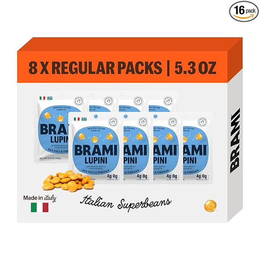 BRAMI Lupini Beans Snack, Sea Salt & Vinegar | 7g Plant Protein, 0g Net Carbs | Vegan, Vegetarian, Keto, Plant Based, Mediterranean Diet, Non Perishable | 5.3 Ounce (8 Count)