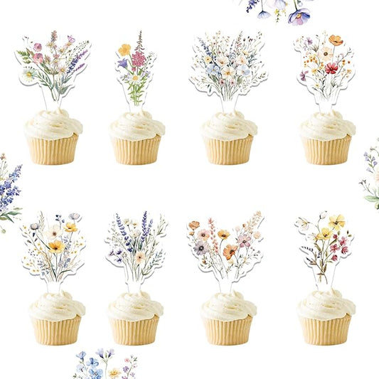 40Pcs Floral Wildflower Cupcake Toppers - Wildflower Birthday Baby Shower Baby in Bloom Party Supplies Cake Decorations for Girls and Women