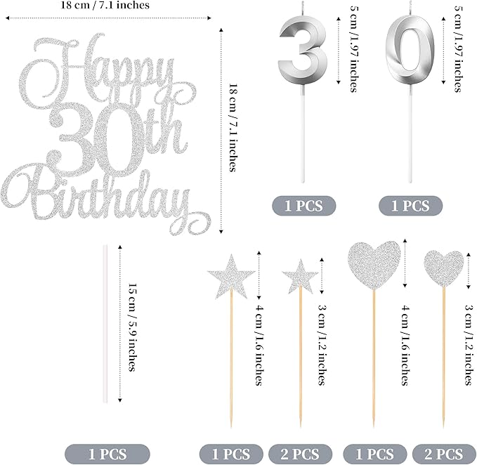 30th Birthday Cake Toppers, 30th Birthday Candles Numeral Candles and Glitter Cake Decorations Toppers Set for Party Supplies (Silver)
