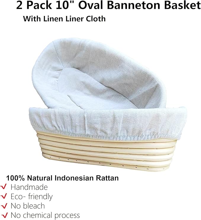 2 Pack 10 Inch Oval Bread Proofing Basket,Banneton Basket Bread Baking Bowl with Linen Liner Cloth, for Professional & Home Bakers Baking