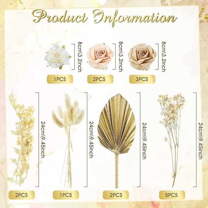 Tallew 28 Pcs Boho Cake Topper Decorations Vintage Artificial Rose Flowers Palm Leaves for Cake Decorating Kit Dried Faux Flower Decor for Bohemian Wedding Baby Shower Birthday Party Supplies