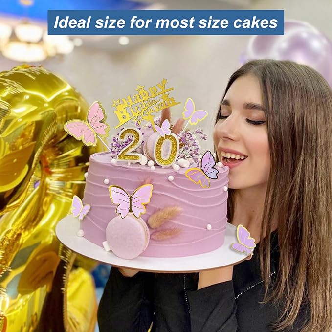 28 Pcs Happy Birthday and Butterfly Cake Toppers Set, Acrylic Gold Birthday Cupcake Toppers, Butterfly Cake Decorations