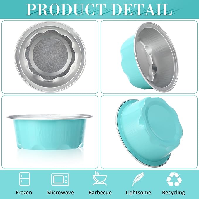 Eaasty 150 Pcs Baking Cups with Lids, 1.6 oz Muffin Cupcake Liners Aluminum Foil Mini Cake Pans Small Disposable Ramekin Flan Containers with Lids for Christmas, Birthday, Various Holiday (Light Blue)