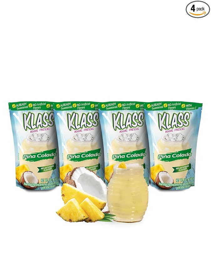 Klass Aguas Frescas |Pina Colada Drink Mix| Flavor From Natural Sources & No Artificial Flavor With Vitamin C (Makes 7 to 9 Quarts) 14.1 Oz Family Pack (4-Pack)