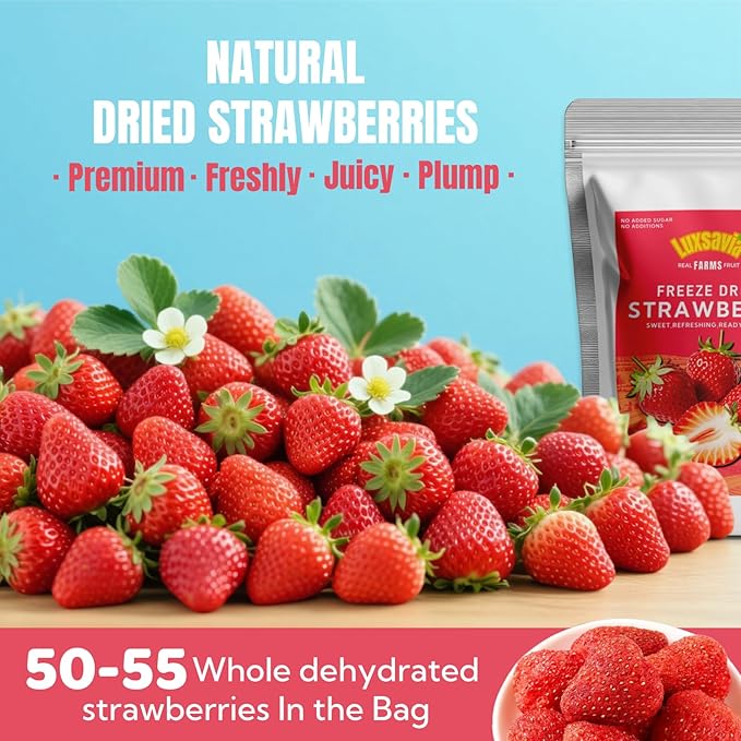 Premium Freeze Dried Strawberries 50-55 per bag,Whole Big Natural Dried Strawberries No Additives,Dehydrated Strawberry No Sugar Added,Snacks 3.52OZ/100g