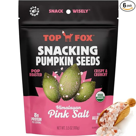 Top Fox Snacks Pumpkin Seeds to Eat (Himalayan Pink Salt, 3.5 oz – 6 Pack) - Gluten Free Snacks, Protein Snacks, Keto Friendly Snacks, Allergen Free Snacks, Paleo & Vegan - Organic Pop-Roasted