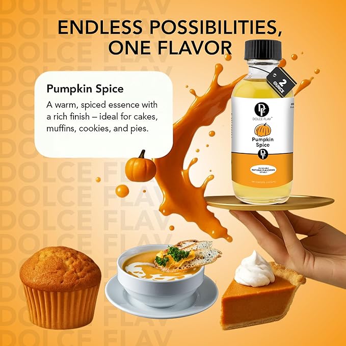 Dolce Flav Natural Pumpkin Spice Extract ??8 Ounce Oil-Soluble Kosher, Sugar-Free, Concentrated Warm Pumpkin Spice Flavoring for Baking, Smoothies & Desserts, Includes Measured Dropper