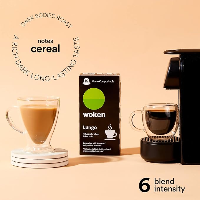 WOKEN COFFEE Compostable Nespresso Pods - Lungo Medium Roast Italian Espresso Coffee Capsules Compatible With Nespresso Coffee Machine (100 Pod Count, 10 Boxes)
