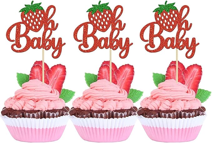 25Pcs Strawberry Cake Topper Glitter Oh Baby Strawberry Cupcake Toppers for Fruit Theme Baby Shower Birthday Summer Party Cake Decorations Supplies Red