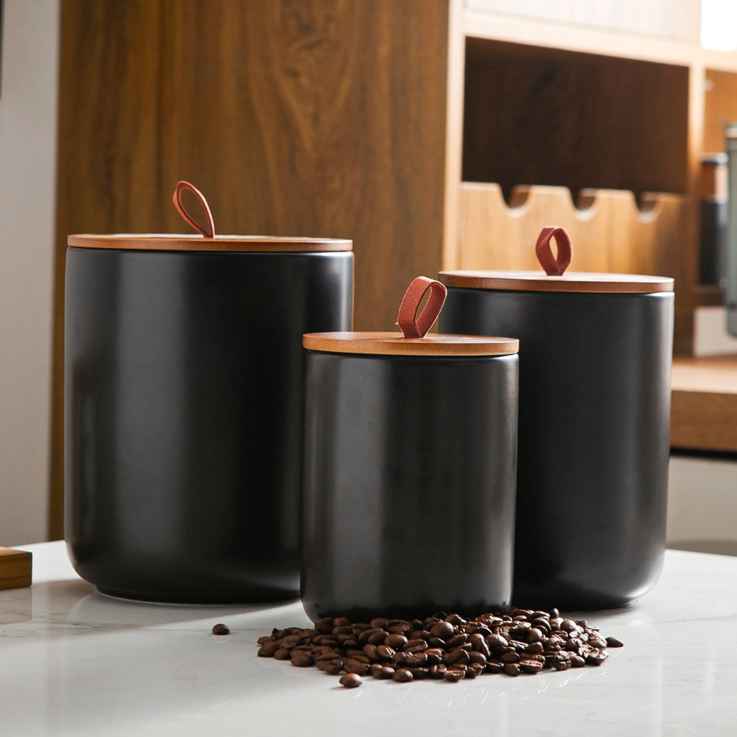 Mowtanco Ceramic Canister Set (30 oz, 48 oz, 82 oz) – Black Ceramic Jar Set with Airtight Bamboo