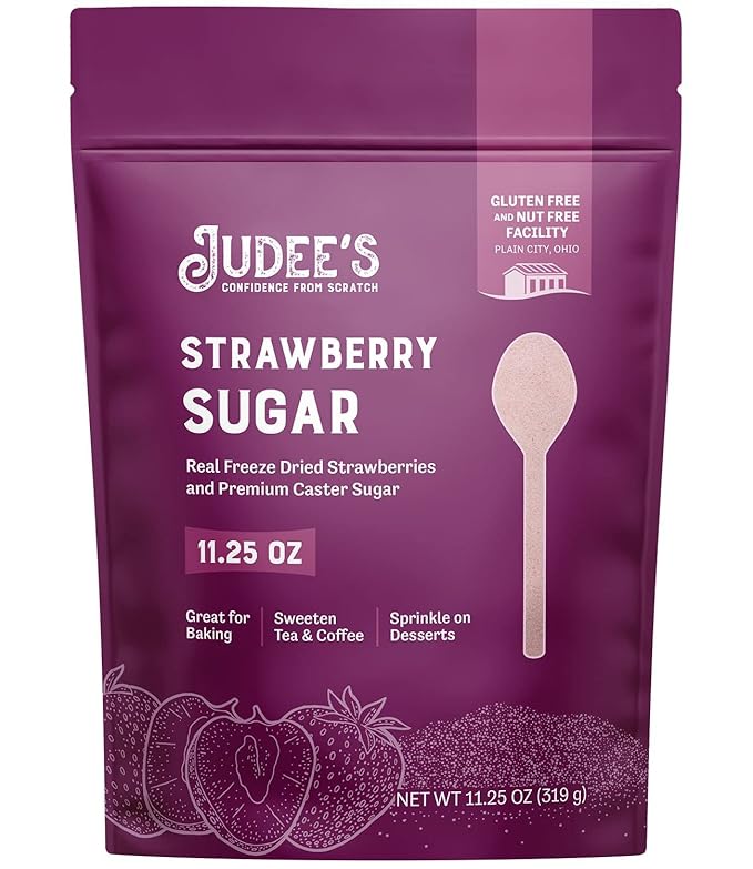 Judee's Strawberry Sugar 11.25 oz - Made with Premium Caster Sugar - Great for Baking - Sprinkle on Desserts and Sweeten Tea or Coffee - Gluten-Free and Nut-Free