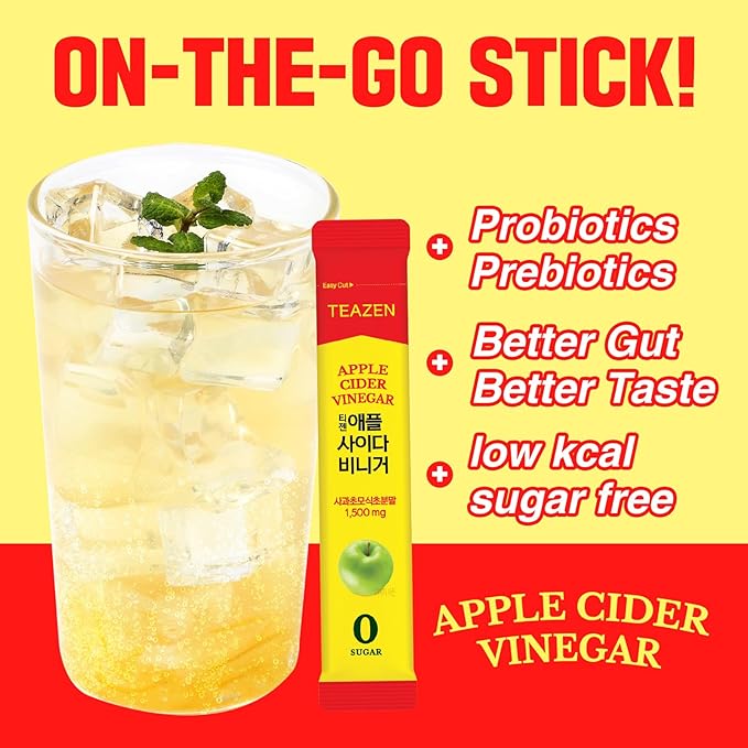 TEAZEN Apple Cider Vinegar Drink Powder Stick ??On-the-Go Wellness with 1500mg ACV, Sugar-Free, Postbiotics, 10 Sticks | Supports Digestion & Metabolism